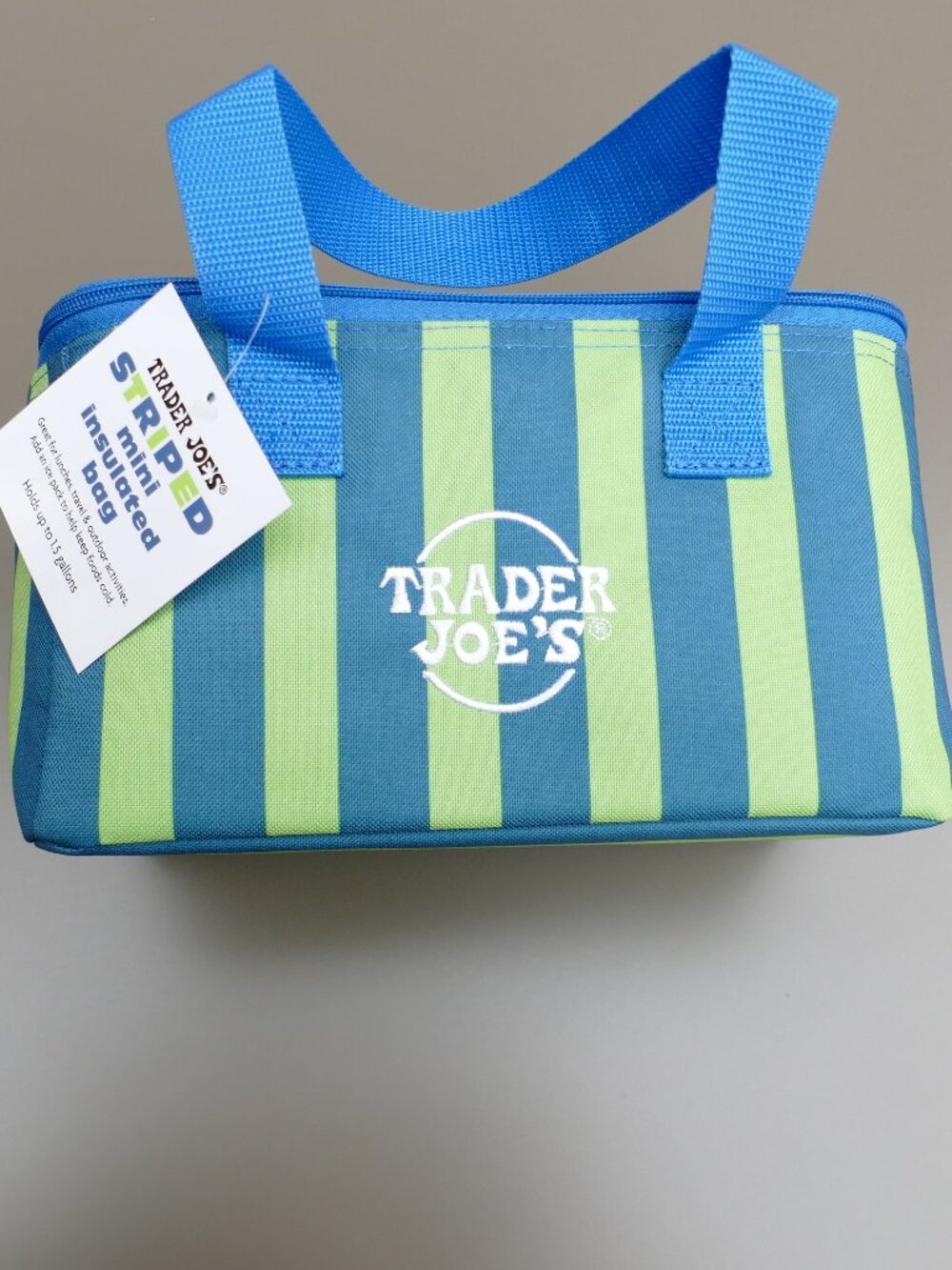 NWT Blue and Green Stripes with Trader Joe’s Logo Mini Insulated Summer Tote